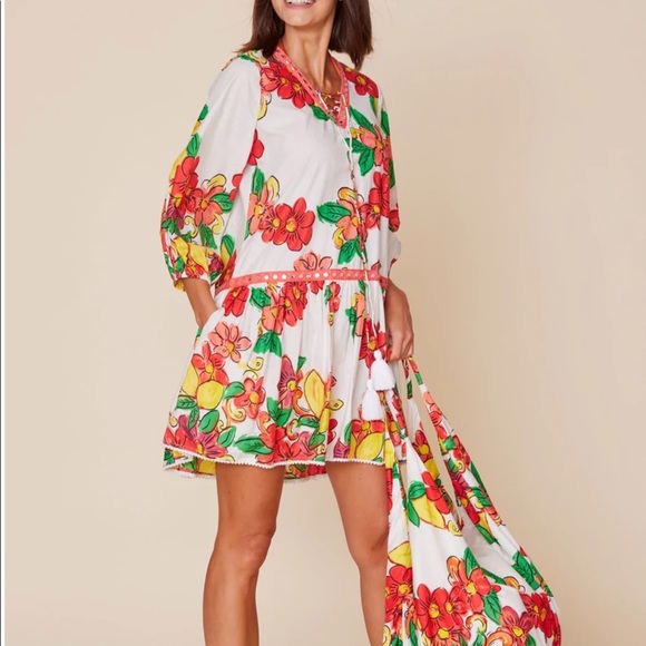 Moda Posa Floral Dress Printed Throw On Sundress in White Citrus Floral Size M - Picture 3 of 5